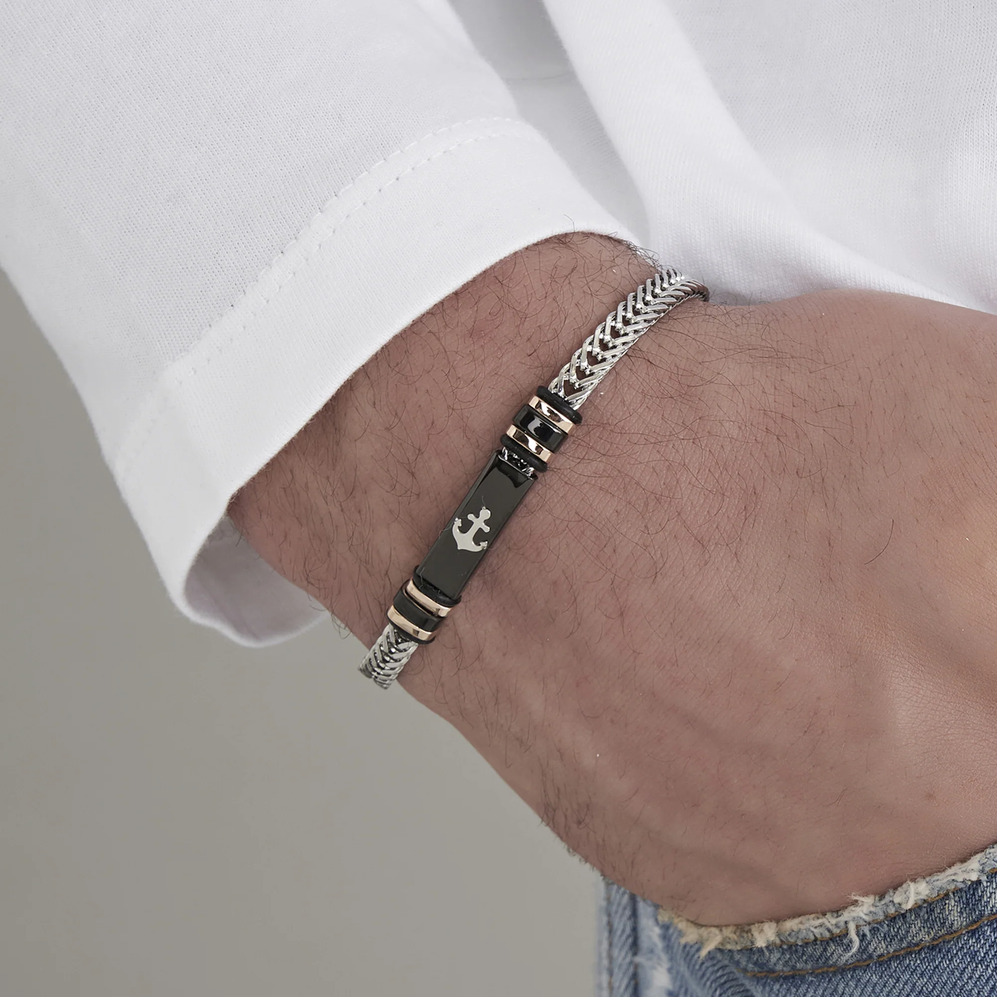 BRACCIALE UOMO IN ACCIAIO CON PIASTRA IN ACCIAIO IP NERO CON ANCORA - Image 2