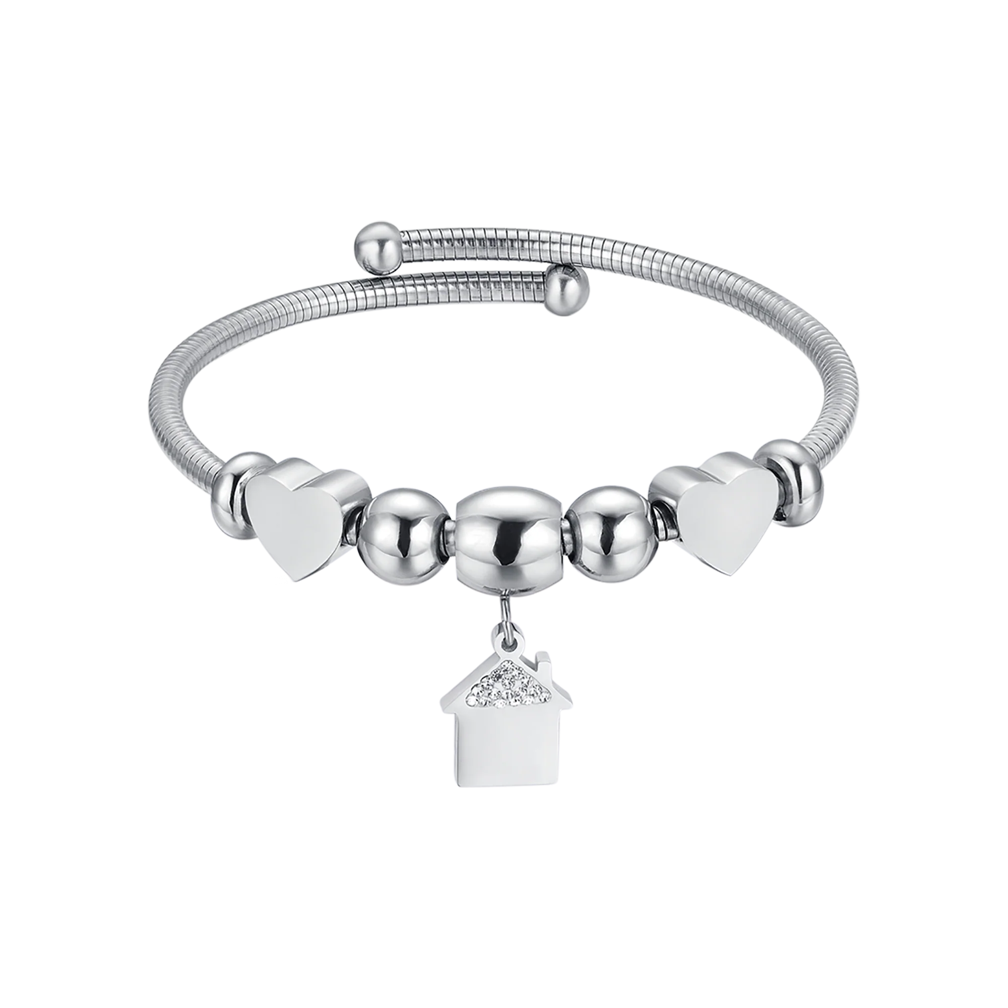 BRACCIALE IN ACCIAIO CON CASA CON CRISTALLI BIANCHI E CUORI ACCIAIO