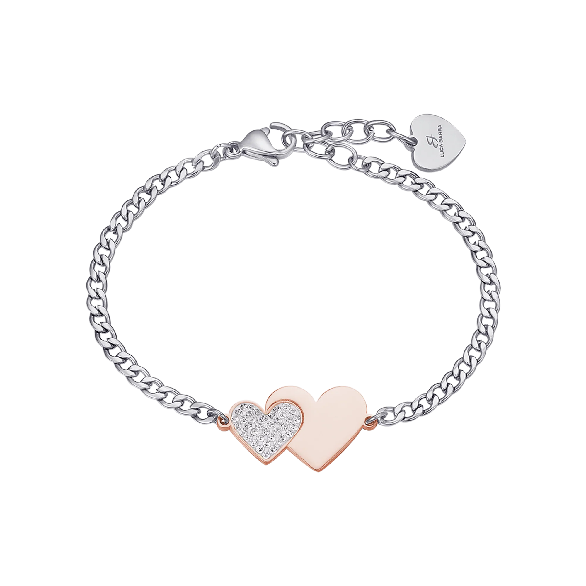 BRACCIALE IN ACCIAIO CON CUORE IN ACCIAIO IP ROSE E CRISTALLI BIANCHI