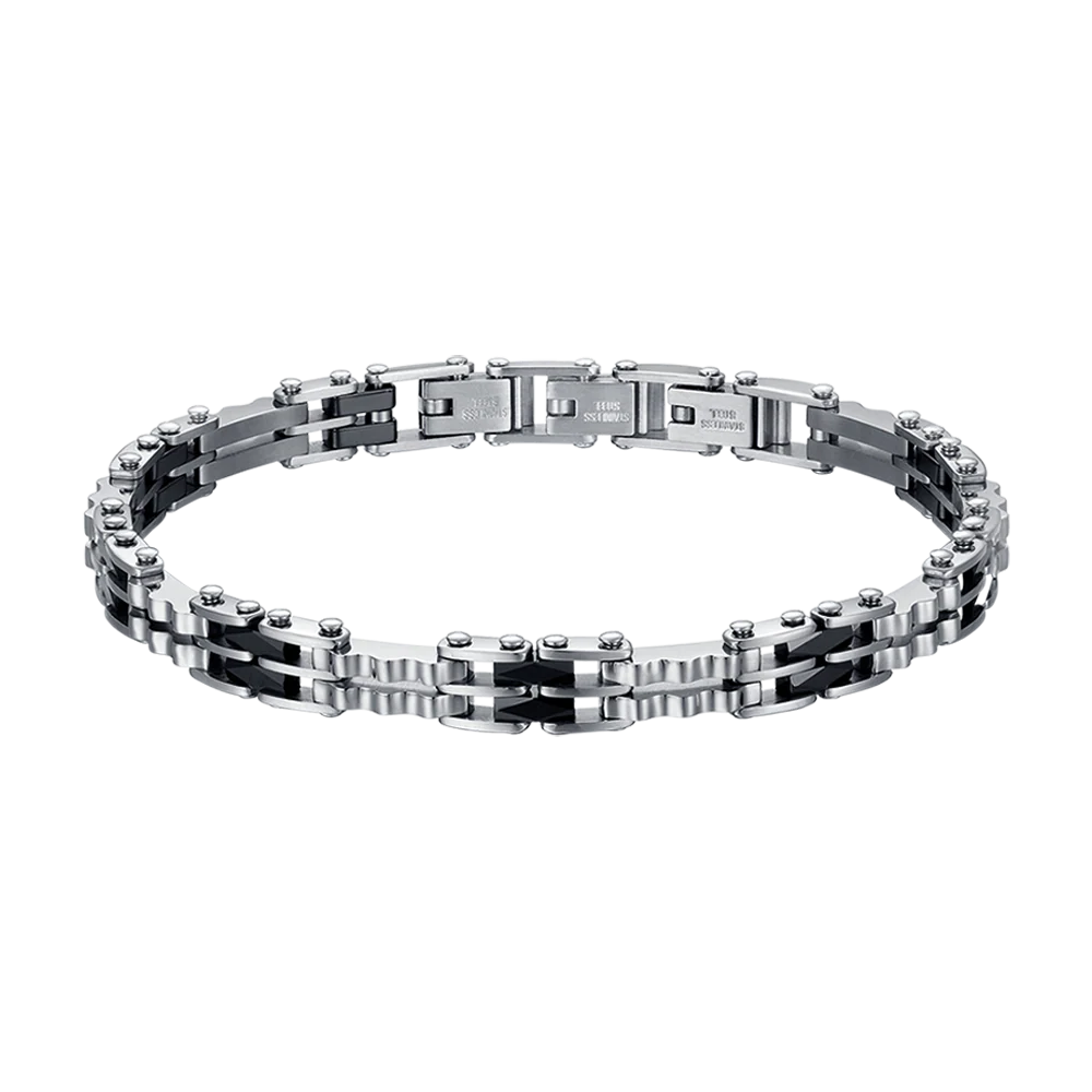 BRACCIALE UOMO IN ACCIAIO CON ELEMENTI IN CERAMICA NERA MAGLIA CATENA