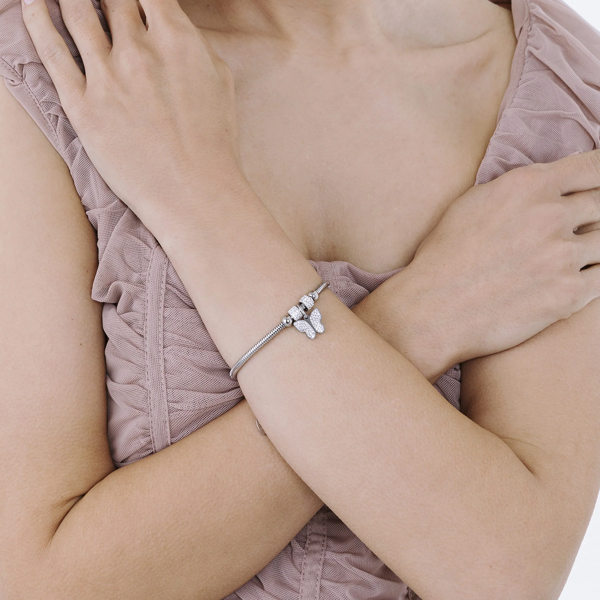 BRACCIALE DONNA IN ACCIAIO CON FARFALLA E CRISTALLI BIANCHI - Image 2