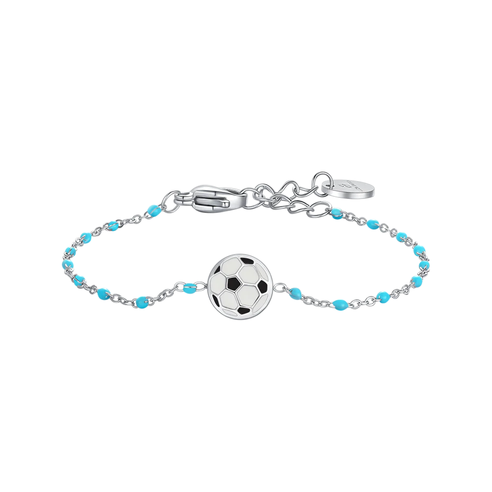 BRACCIALE IN ACCIAIO CON PALLONE E PIETRE BIANCHE E AZZURRE