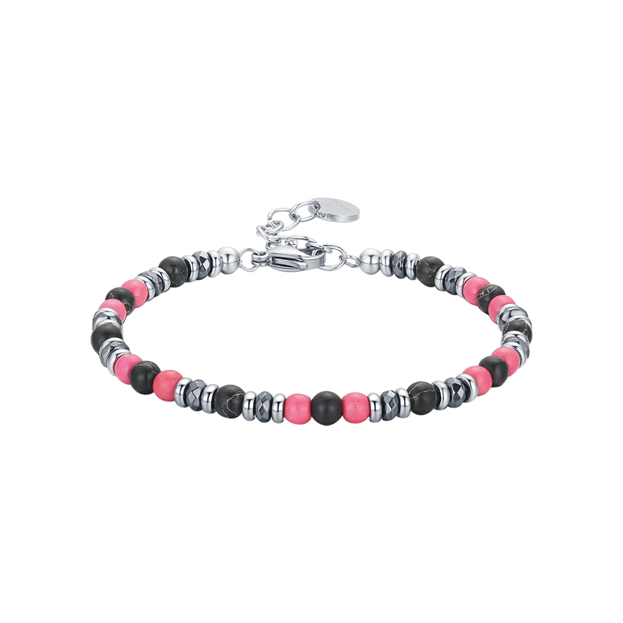 BRACCIALE IN ACCIAIO CON PIETRE ROSA E NERE