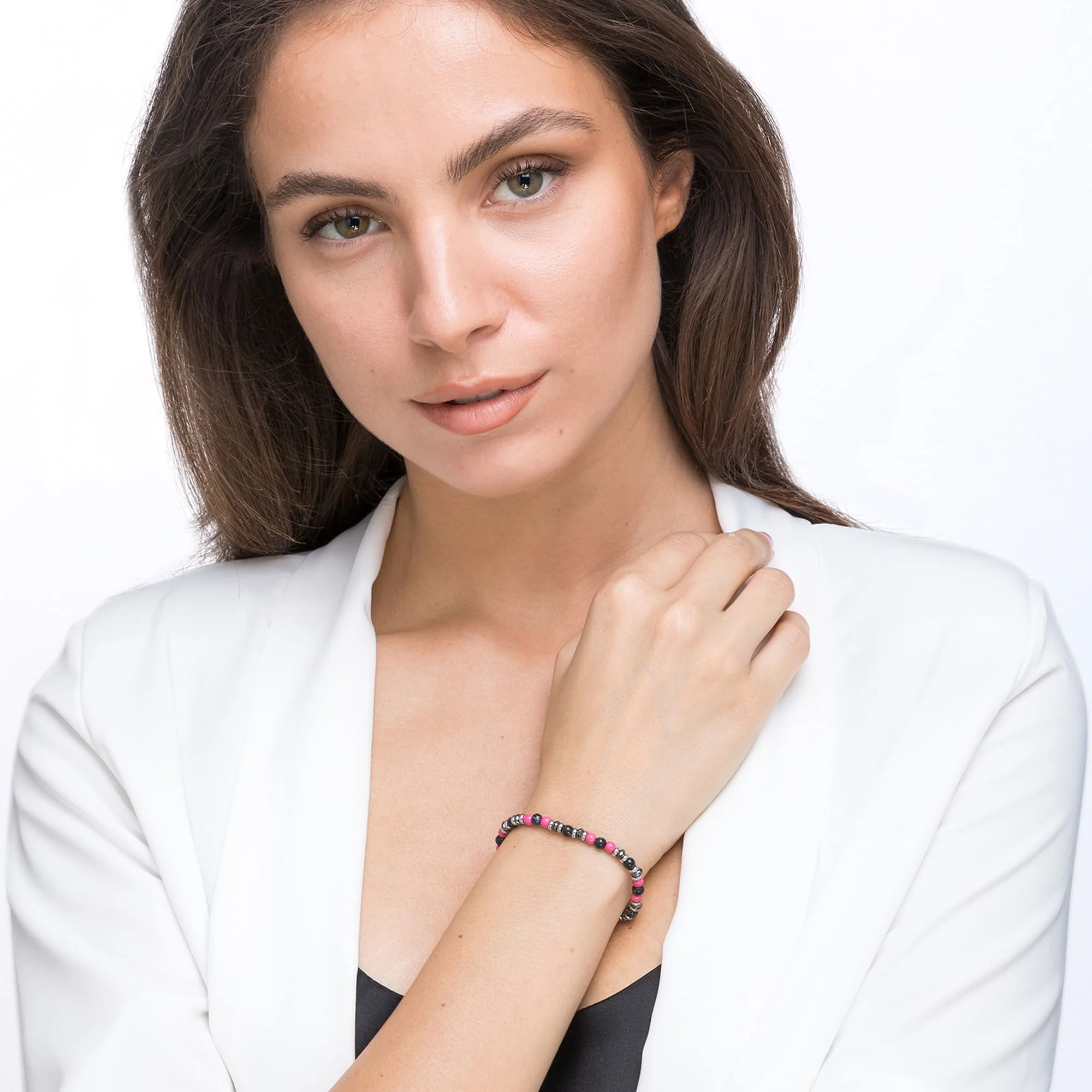 BRACCIALE IN ACCIAIO CON PIETRE ROSA E NERE - Image 3