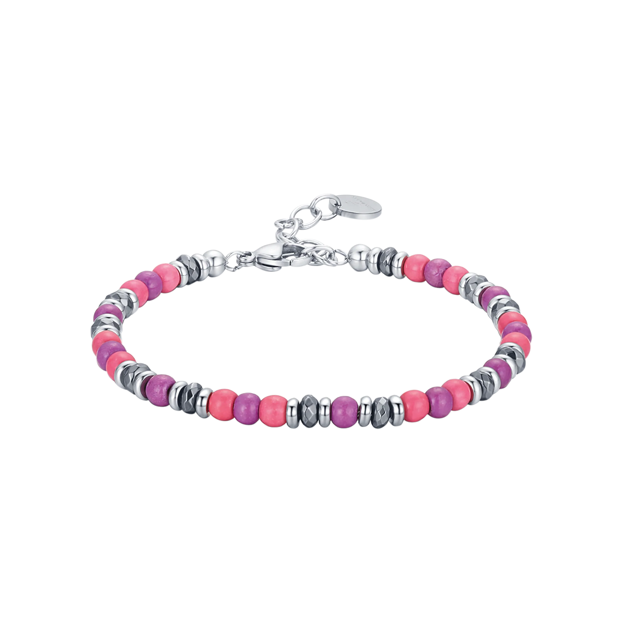 BRACCIALE IN ACCIAIO CON PIETRE ROSA E VIOLA