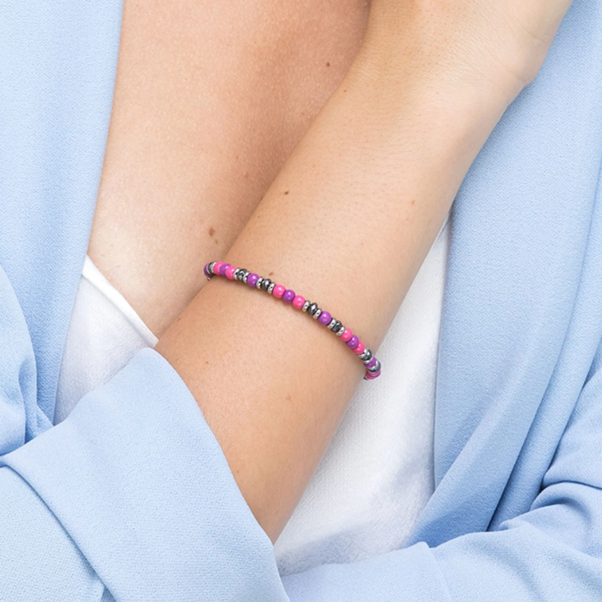 BRACCIALE IN ACCIAIO CON PIETRE ROSA E VIOLA - Image 2