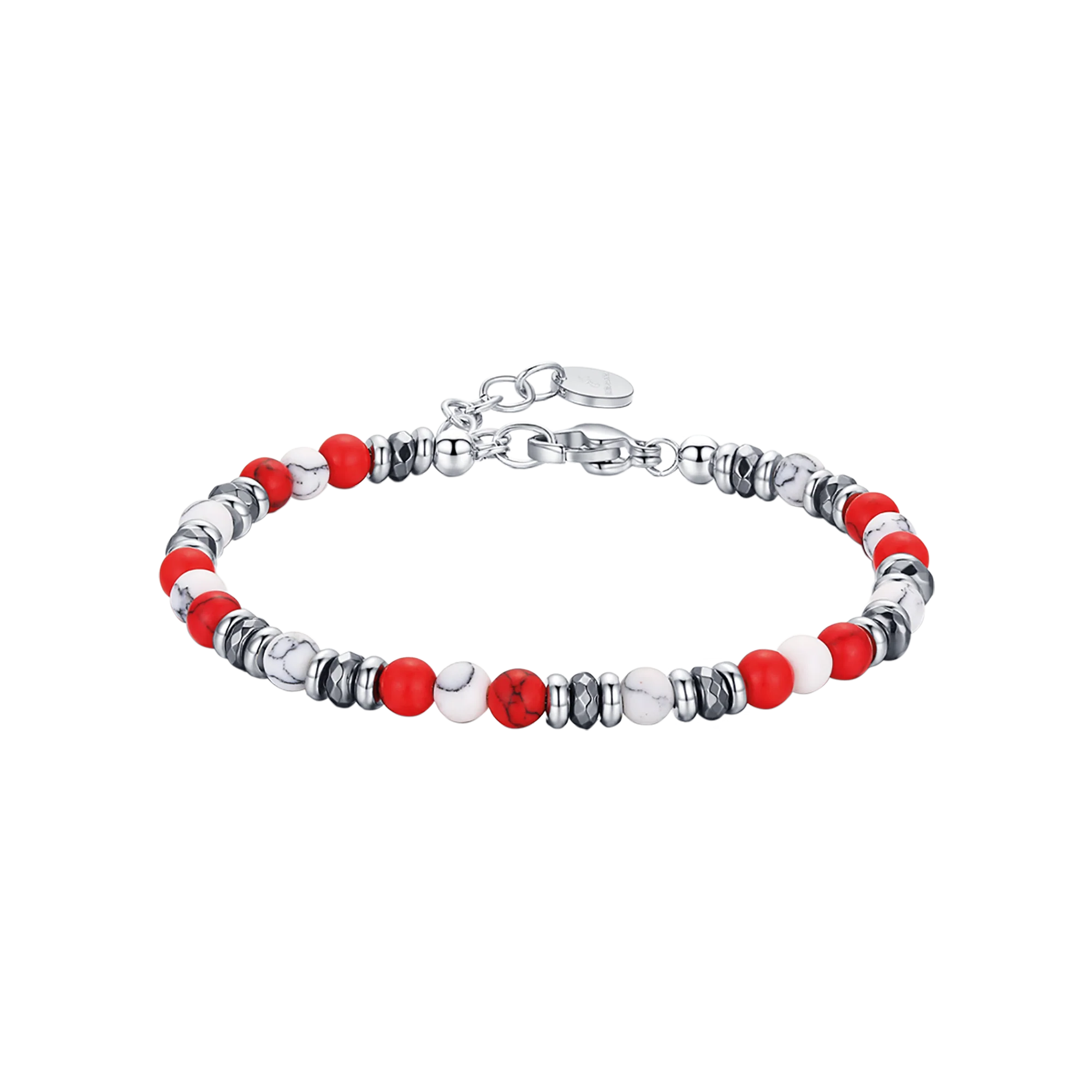 BRACCIALE IN ACCIAIO CON PIETRE ROSSE E BIANCHE