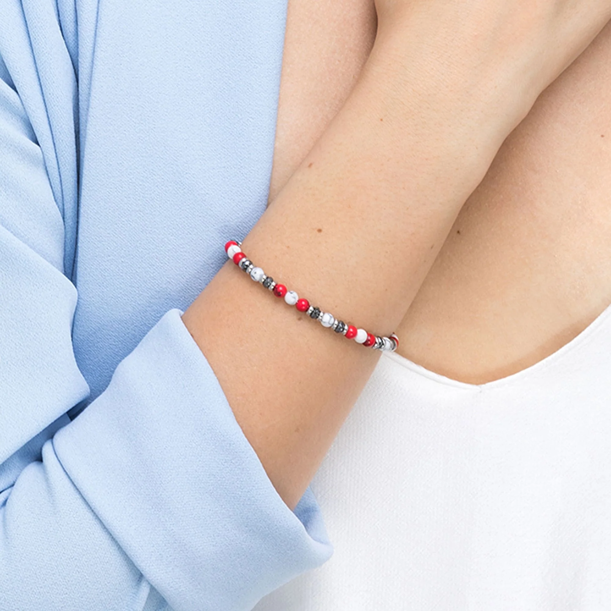 BRACCIALE IN ACCIAIO CON PIETRE ROSSE E BIANCHE - Image 2