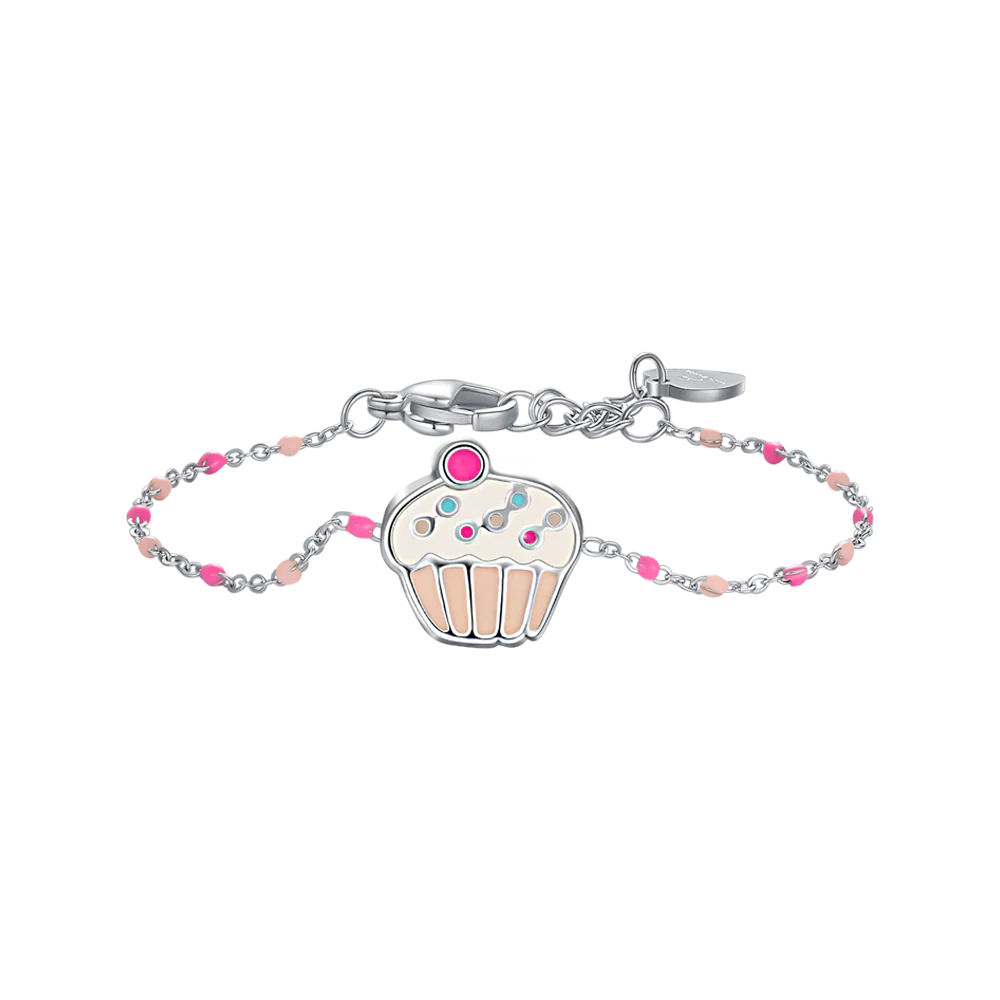 BRACCIALE IN ACCIAIO, CUPCAKE CON SMALTO ROSA E FUCSIA E PIETRE COLORATE