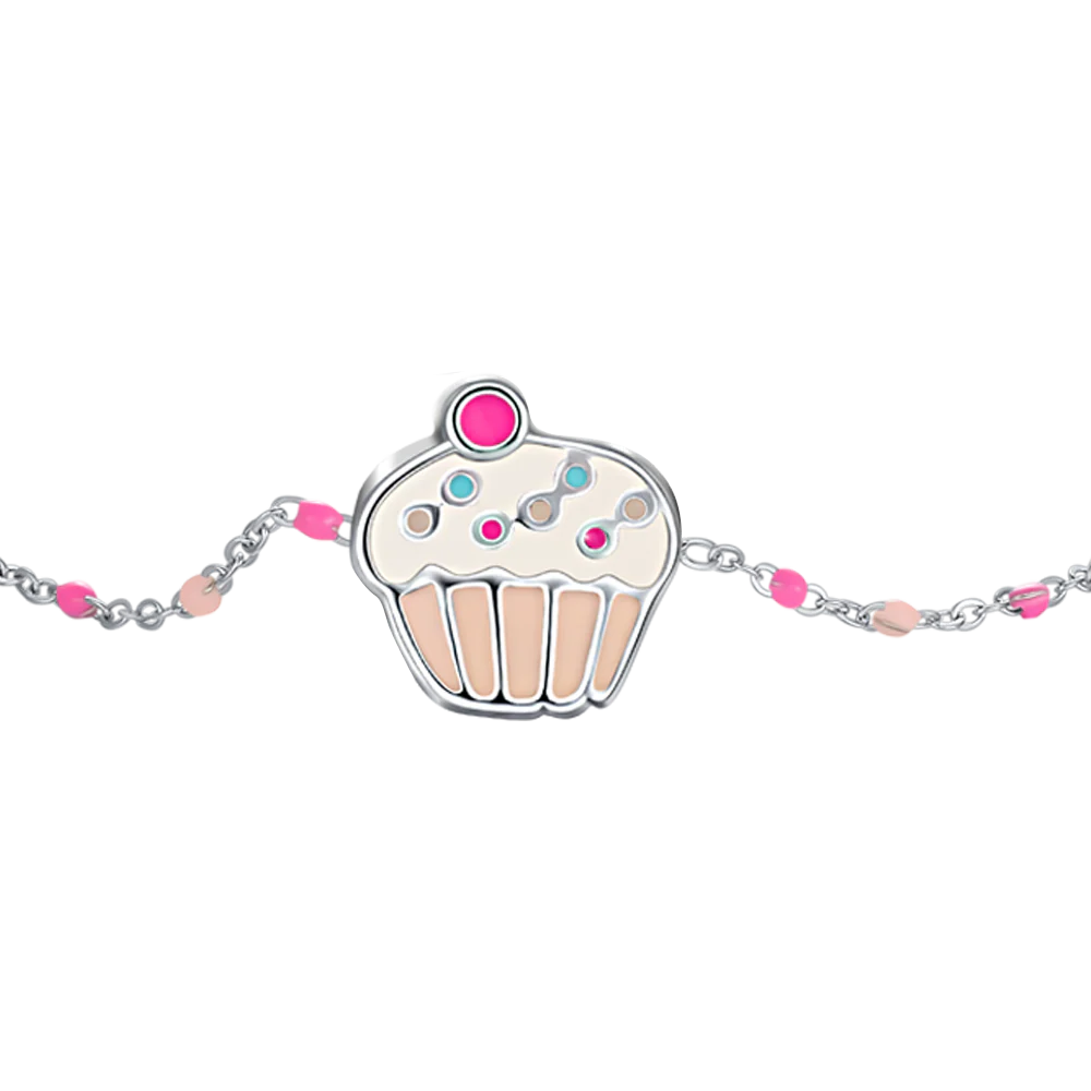 BRACCIALE IN ACCIAIO, CUPCAKE CON SMALTO ROSA E FUCSIA E PIETRE COLORATE - Image 2