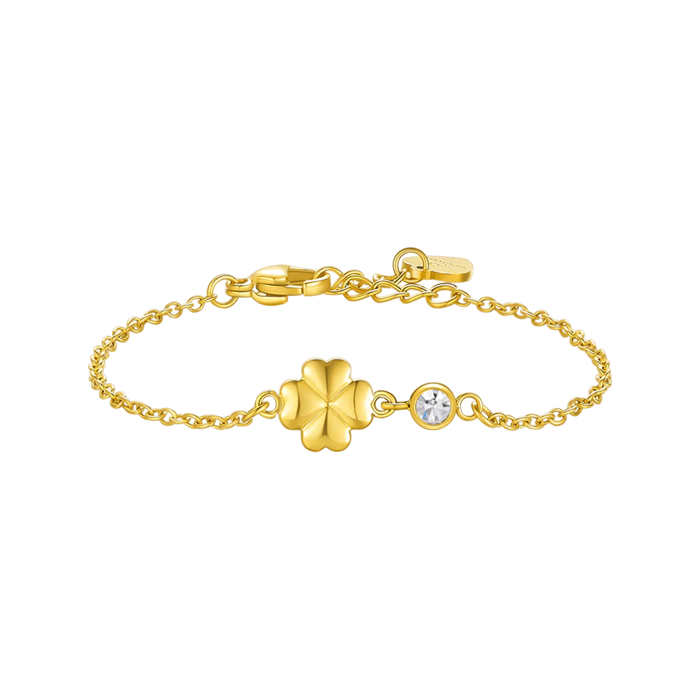 BRACCIALE IN ACCIAIO E IP GOLD CON QUADRIFOGLIO E CRISTALLO BIANCO