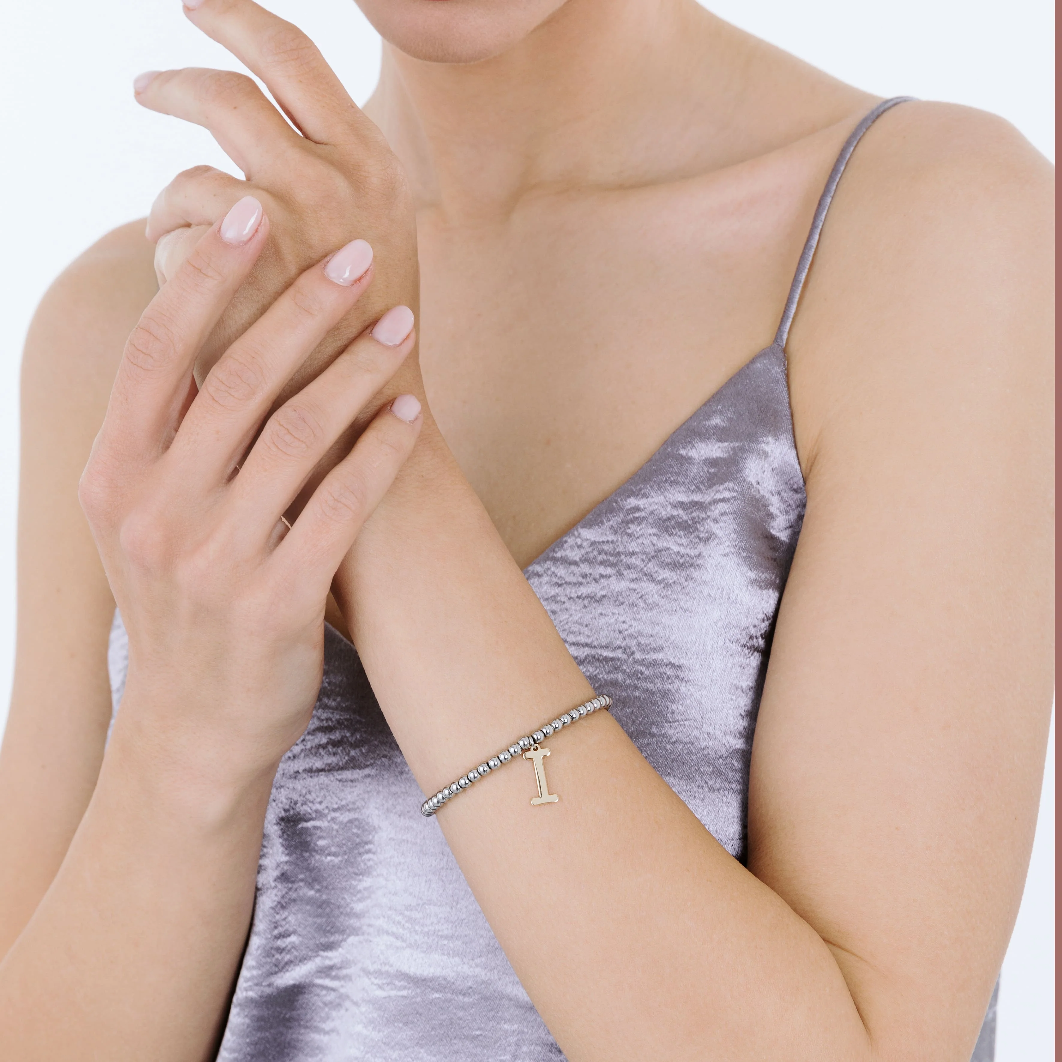 BRACCIALE DONNA IN ACCIAIO PALLINATO CON LETTERA I - Image 2