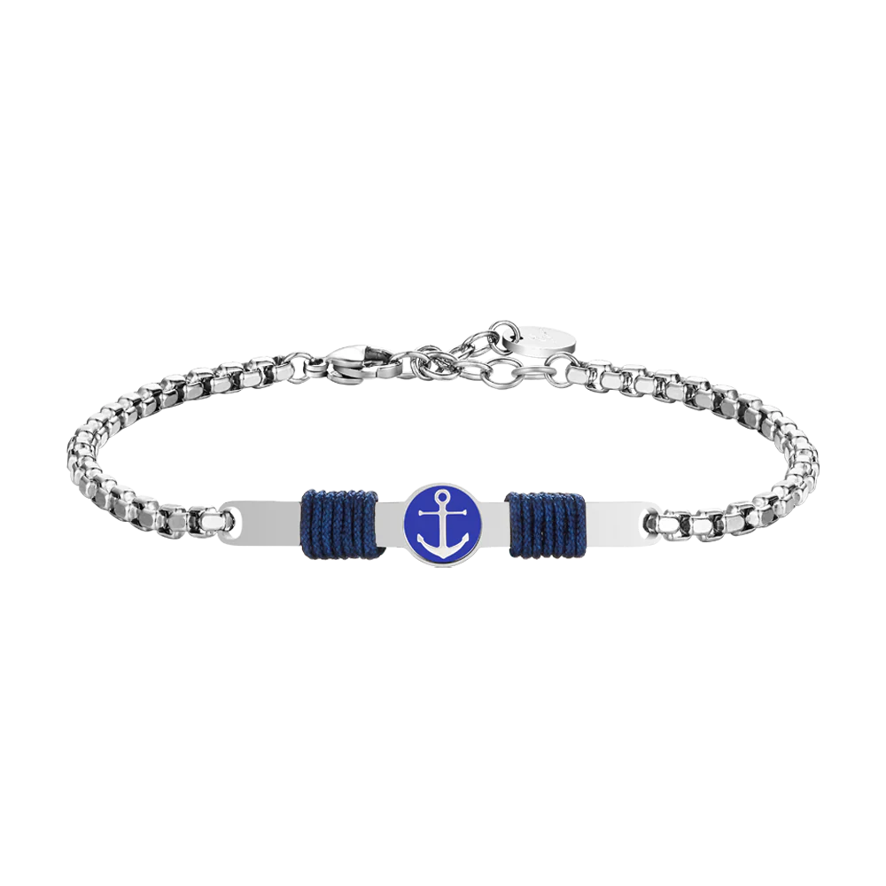 BRACCIALE IN ACCIAIO, PIASTRA CON SMALTO BLU E  ANCORA E CORDA BLU