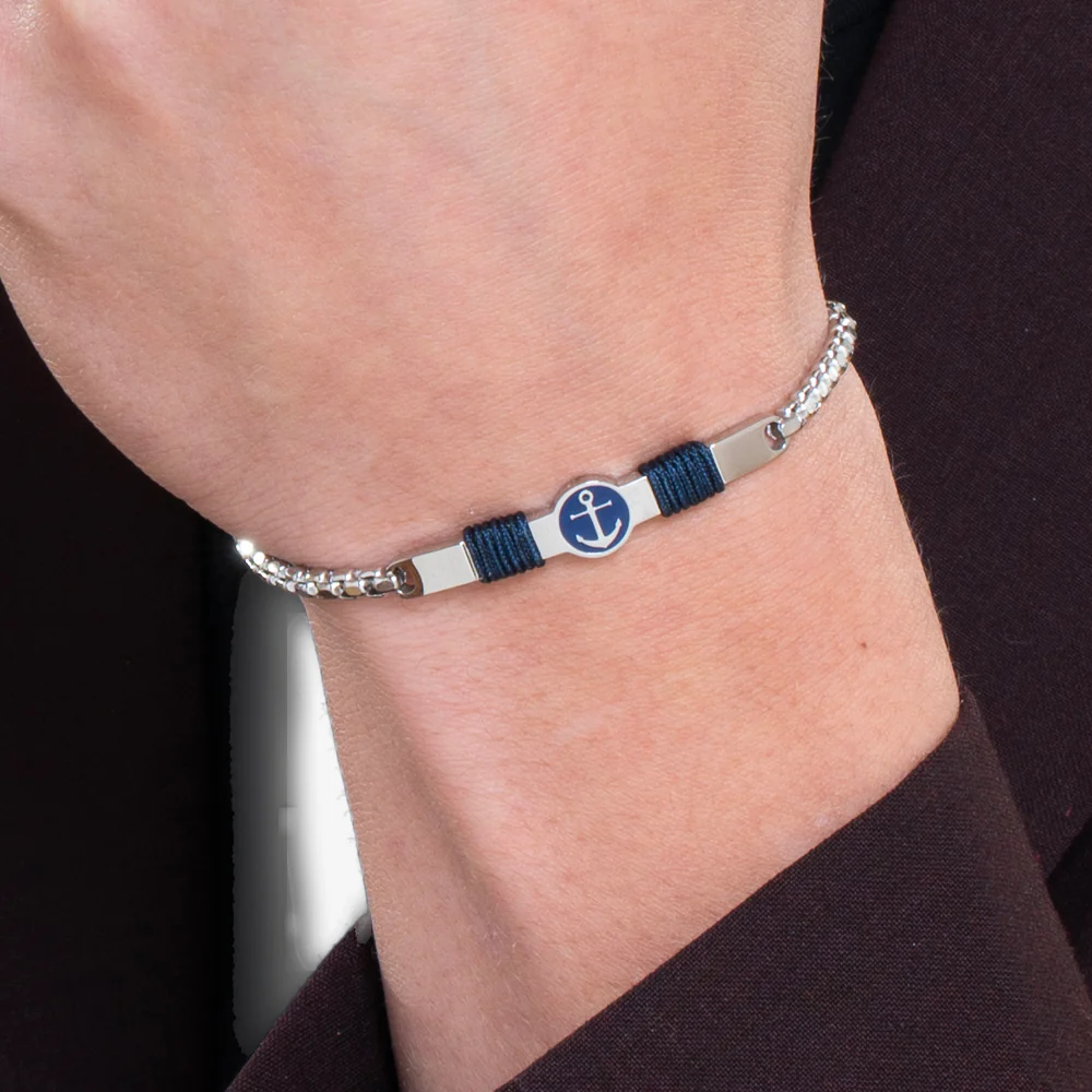 BRACCIALE IN ACCIAIO, PIASTRA CON SMALTO BLU E  ANCORA E CORDA BLU - Image 2