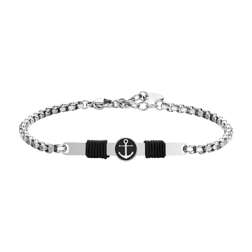 BRACCIALE IN ACCIAIO, PIASTRA CON SMALTO NERO ED ANCORA E CORDA NERA