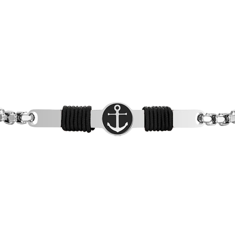 BRACCIALE IN ACCIAIO, PIASTRA CON SMALTO NERO ED ANCORA E CORDA NERA - Image 4
