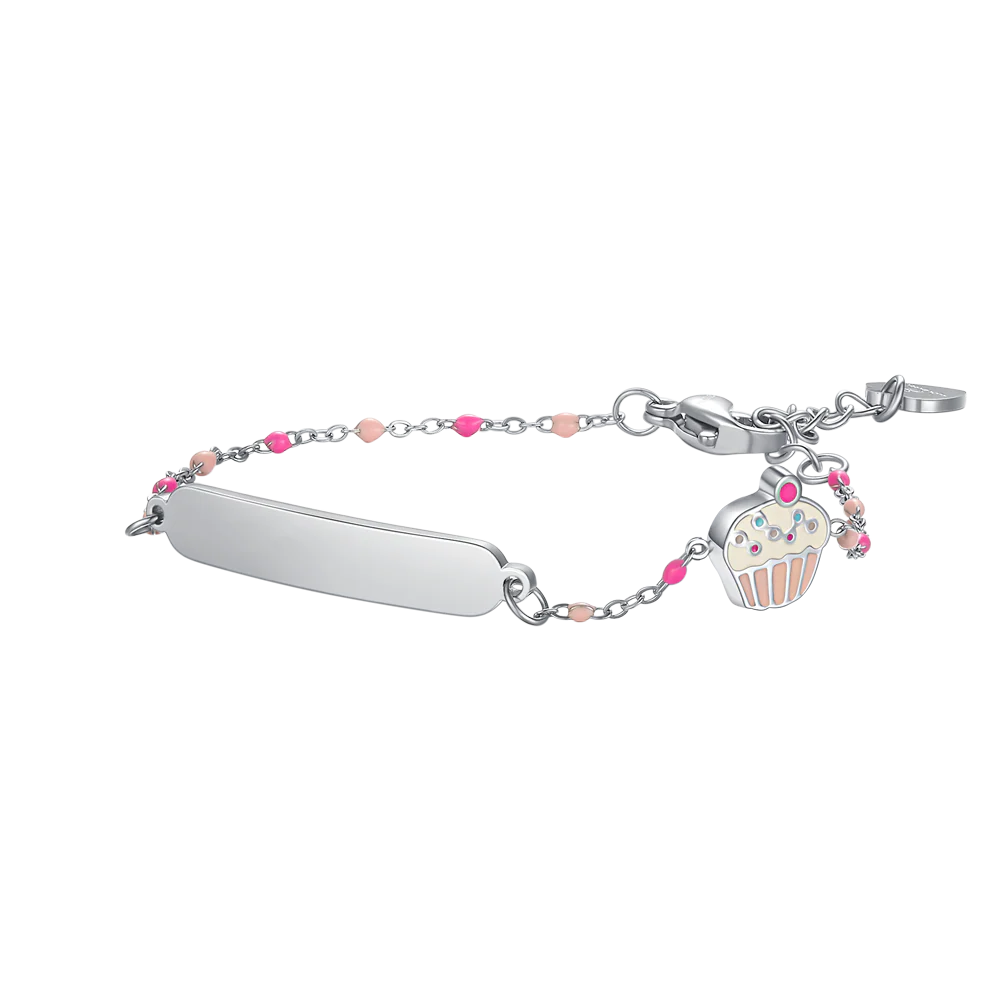 BRACCIALE IN ACCIAO, PIASTRA CON SMALTO ROSA E FUCSIA E PIETRE COLORATE