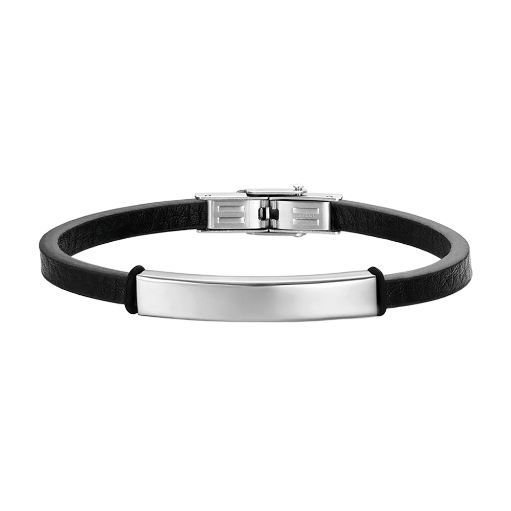 BRACCIALE UOMO IN CUOIO NERO CON PIASTRA IN ACCIAIO