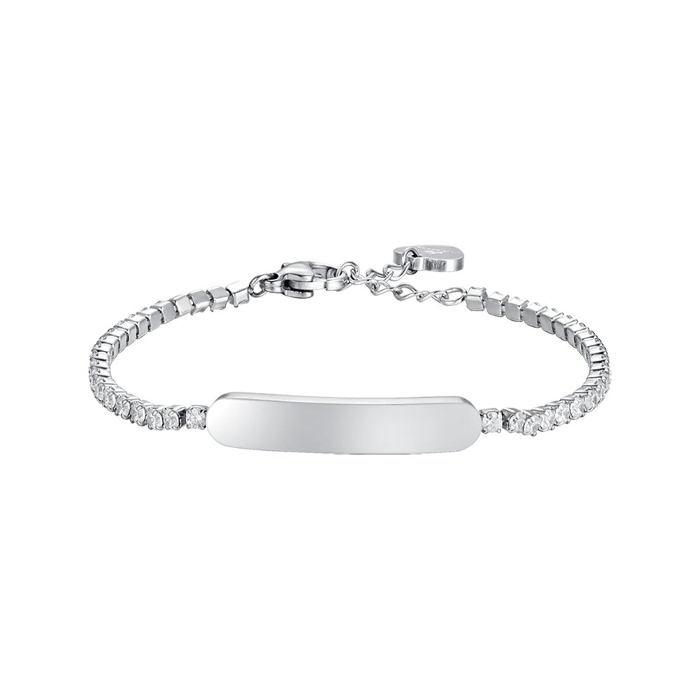 BRACCIALE TENNIS BAMBINA IN ACCIAIO CON CRISTALLI BIANCHI E PIASTRA