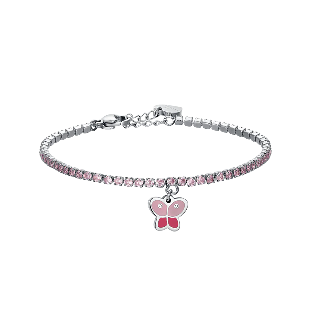 BRACCIALE TENNIS BAMBINA IN ACCIAIO CON CRISTALLI ROSA E FARFALLA