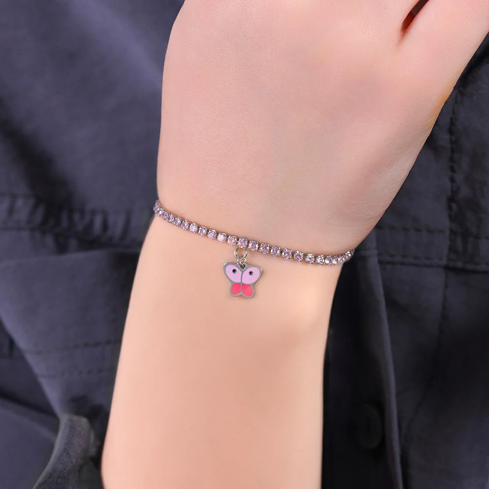 BRACCIALE TENNIS BAMBINA IN ACCIAIO CON CRISTALLI ROSA E FARFALLA - Image 2