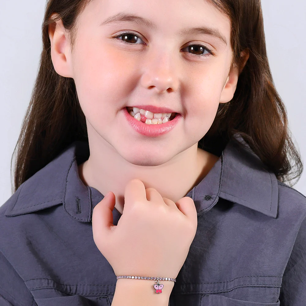 BRACCIALE TENNIS BAMBINA IN ACCIAIO CON CRISTALLI ROSA E FARFALLA - Image 3