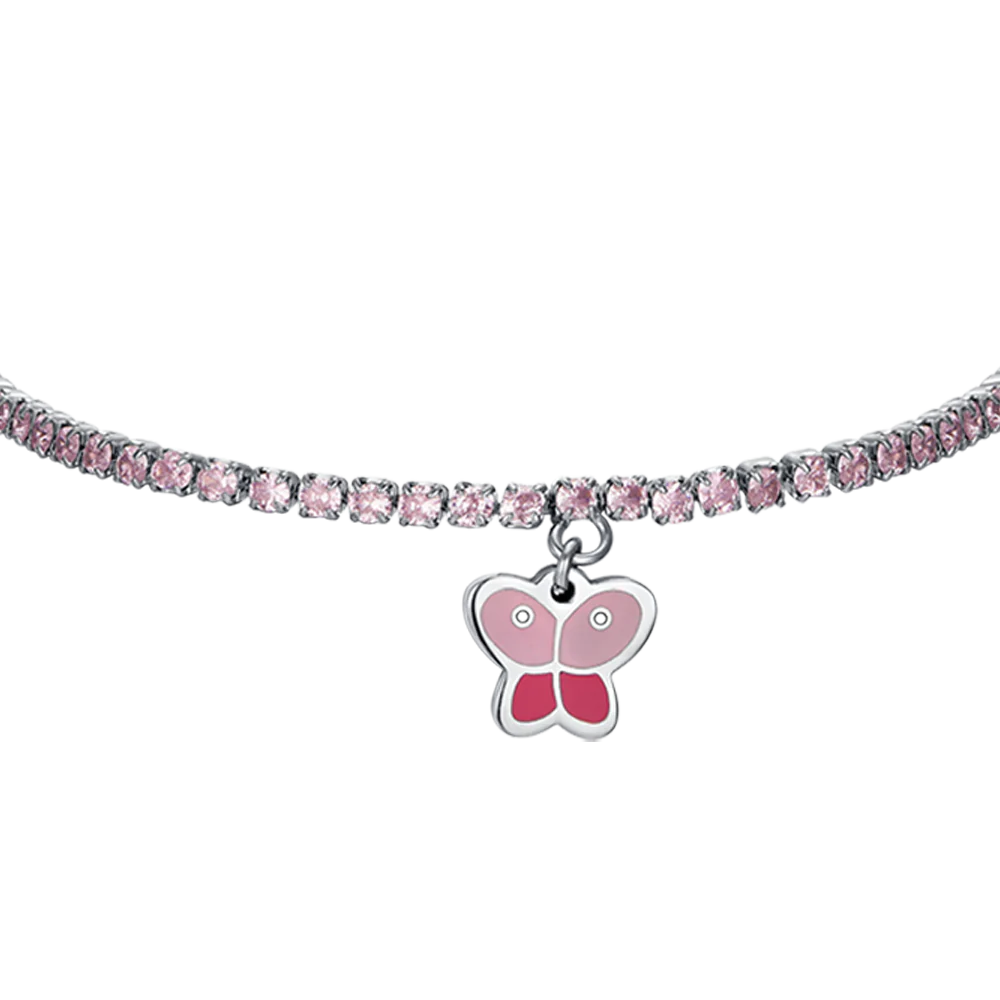 BRACCIALE TENNIS BAMBINA IN ACCIAIO CON CRISTALLI ROSA E FARFALLA - Image 4