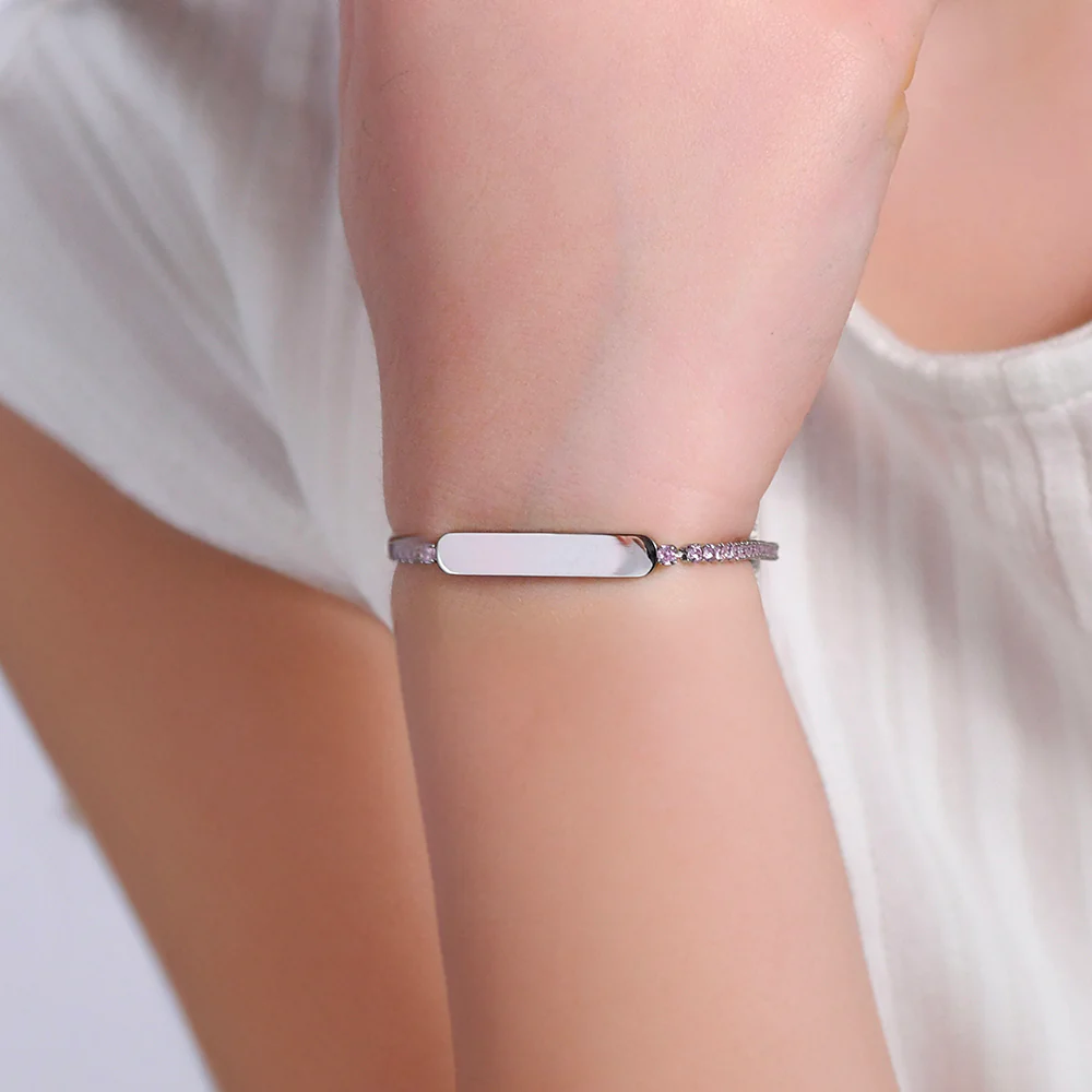 BRACCIALE TENNIS BAMBINA IN ACCIAIO CON CRISTALLI ROSA E PIASTRA - Image 2