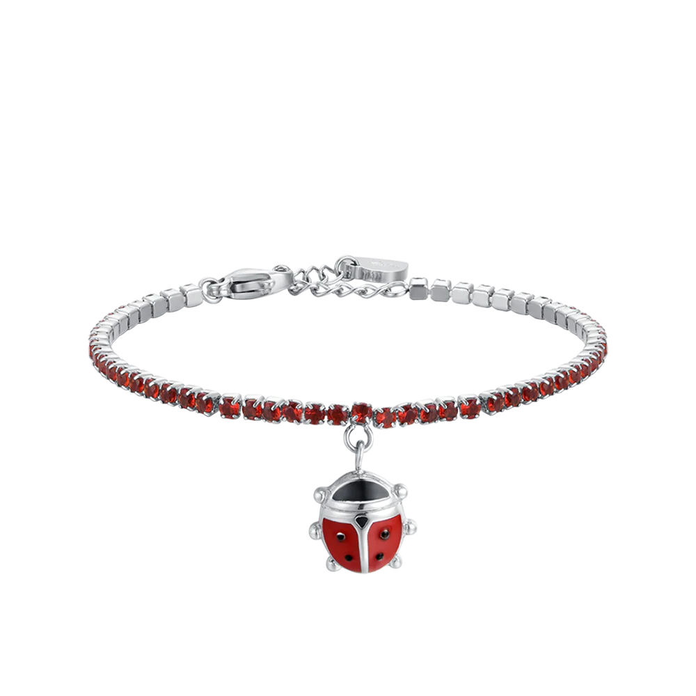 BRACCIALE TENNIS BAMBINA IN ACCIAIO CON CRISTALLI ROSSI E COCCINELLA