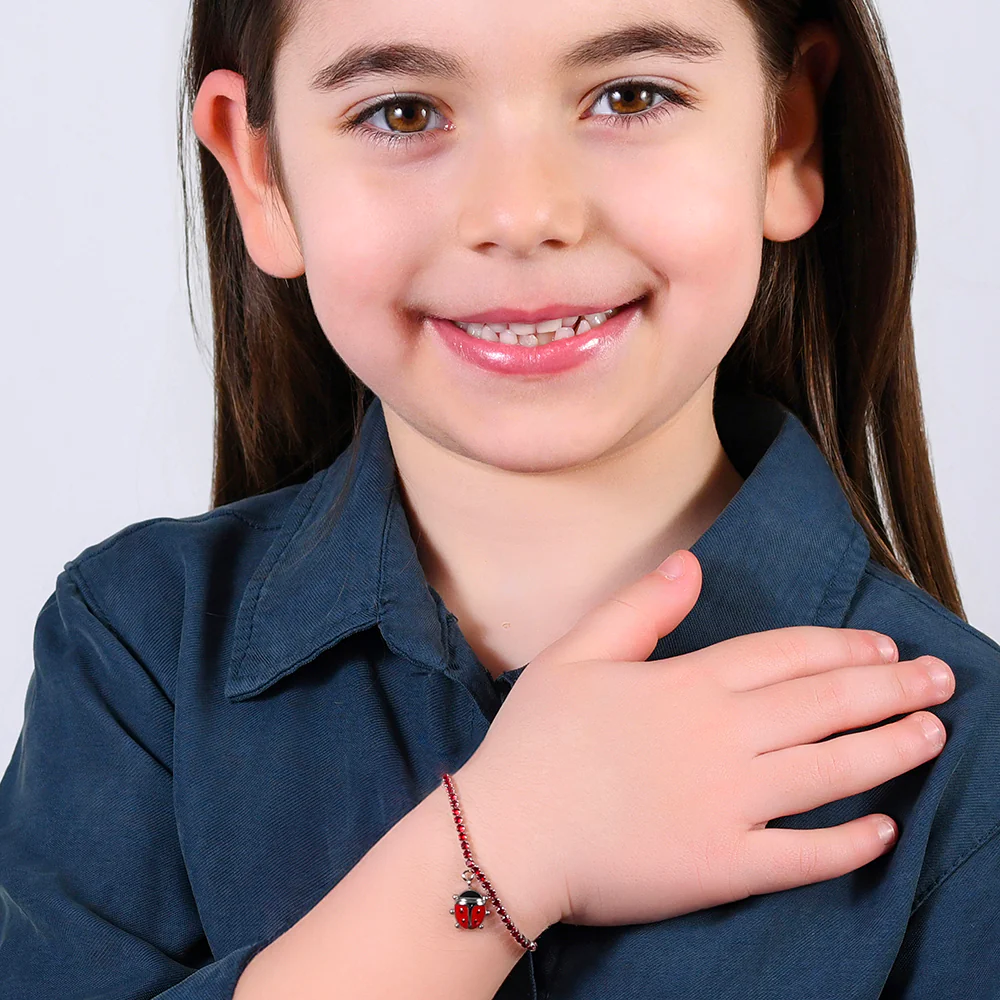 BRACCIALE TENNIS BAMBINA IN ACCIAIO CON CRISTALLI ROSSI E COCCINELLA - Image 3