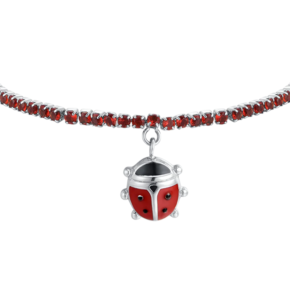 BRACCIALE TENNIS BAMBINA IN ACCIAIO CON CRISTALLI ROSSI E COCCINELLA - Image 4
