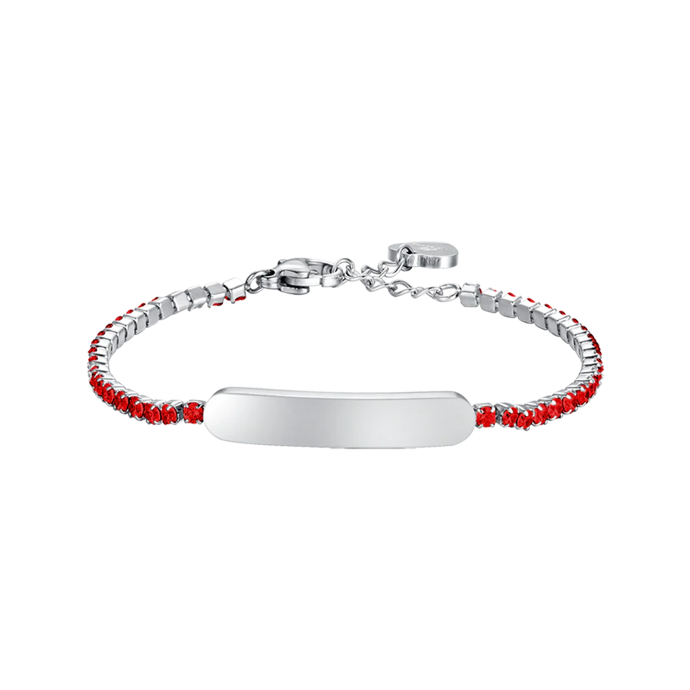 BRACCIALE TENNIS BAMBINA IN ACCIAIO CON CRISTALLI ROSSI E PIASTRA