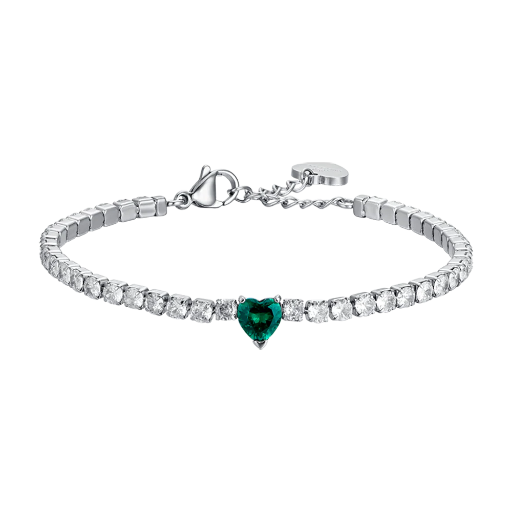 BRACCIALE TENNIS DONNA IN ACCIAIO CON CRISTALLI BIANCHI E CUORE CRISTALLO VERDE