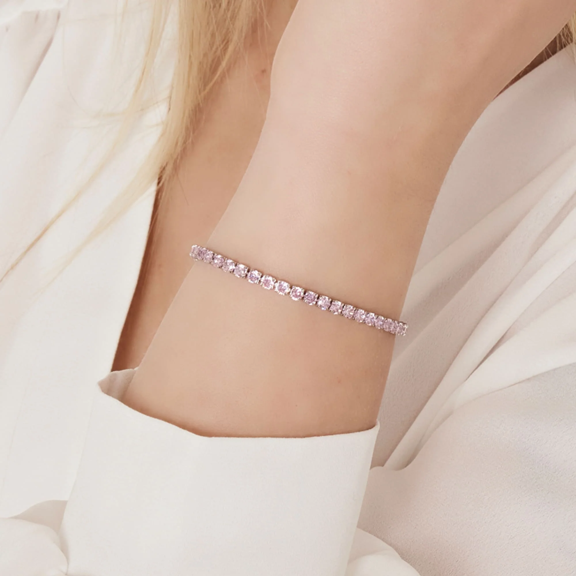 BRACCIALE TENNIS DONNA IN ACCIAIO CON CRISTALLI ROSA - Image 2
