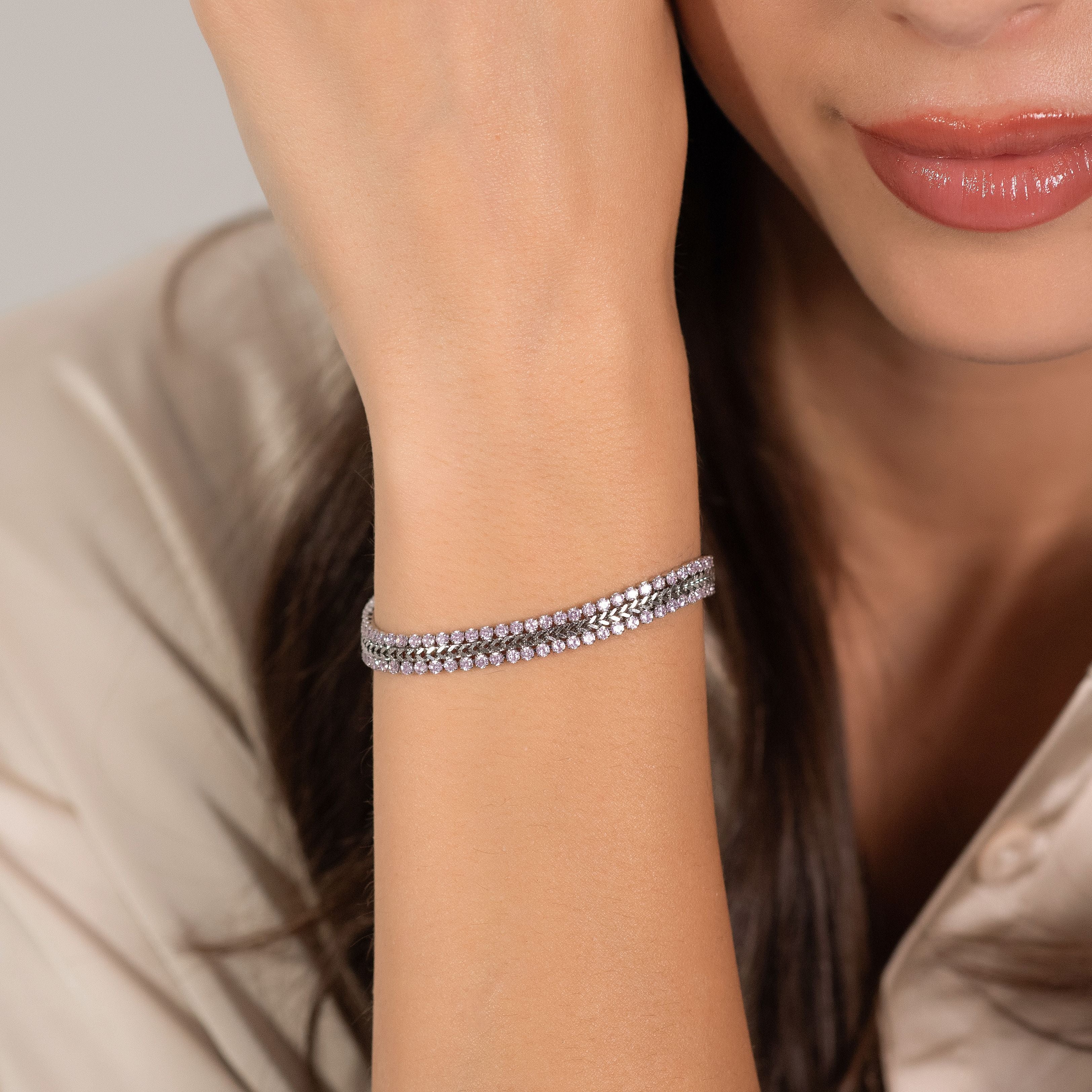 BRACCIALE TENNIS DONNA IN ACCIAIO CON CRISTALLI ROSA - Image 2