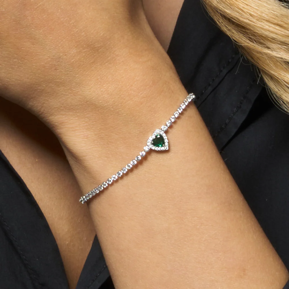 BRACCIALE TENNIS DONNA IN ACCIAIO CON CUORE CON ZIRCONI VERDI E BIANCHI - Image 2
