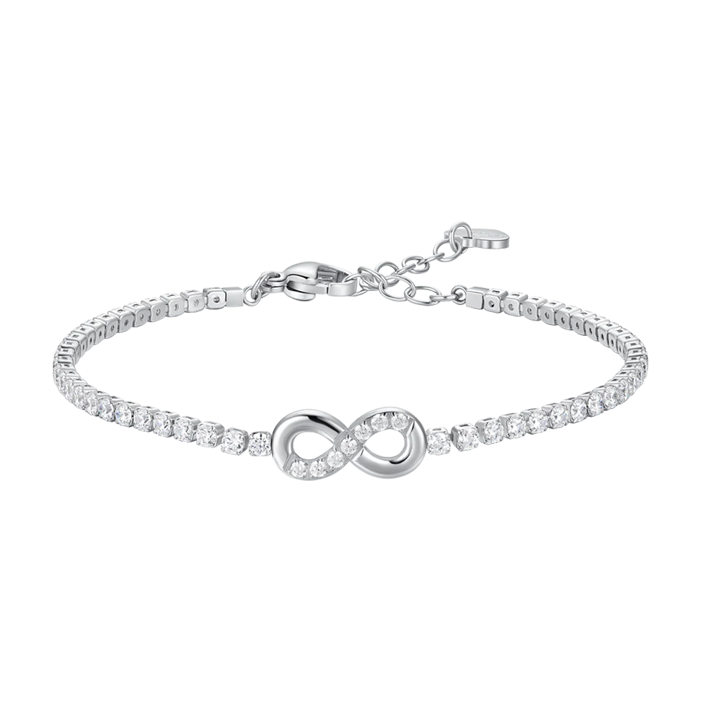 BRACCIALE TENNIS DONNA IN ACCIAIO CON INFINITO E PUNTI LUCE CON ZIRCONI BIANCHI