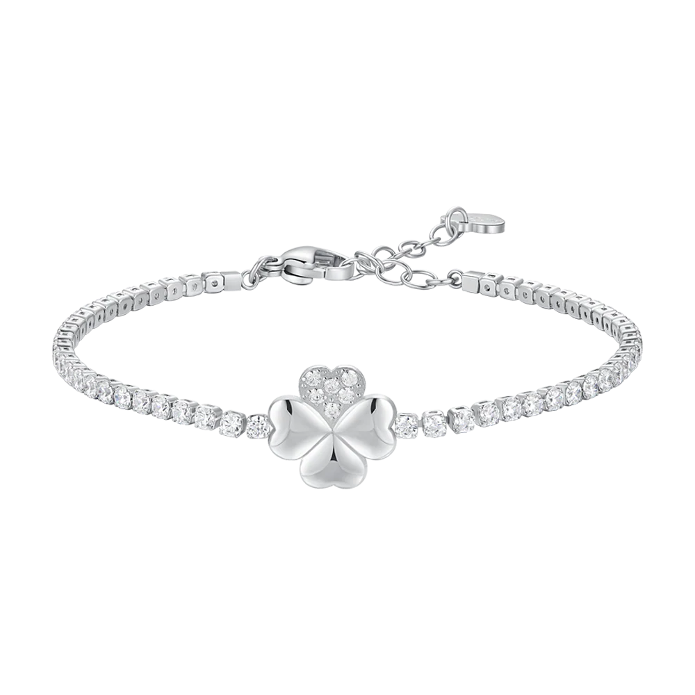 BRACCIALE TENNIS DONNA IN ACCIAIO CON QUADRIFOGLIO E PUNTI LUCE ZIRCONE BIANCO