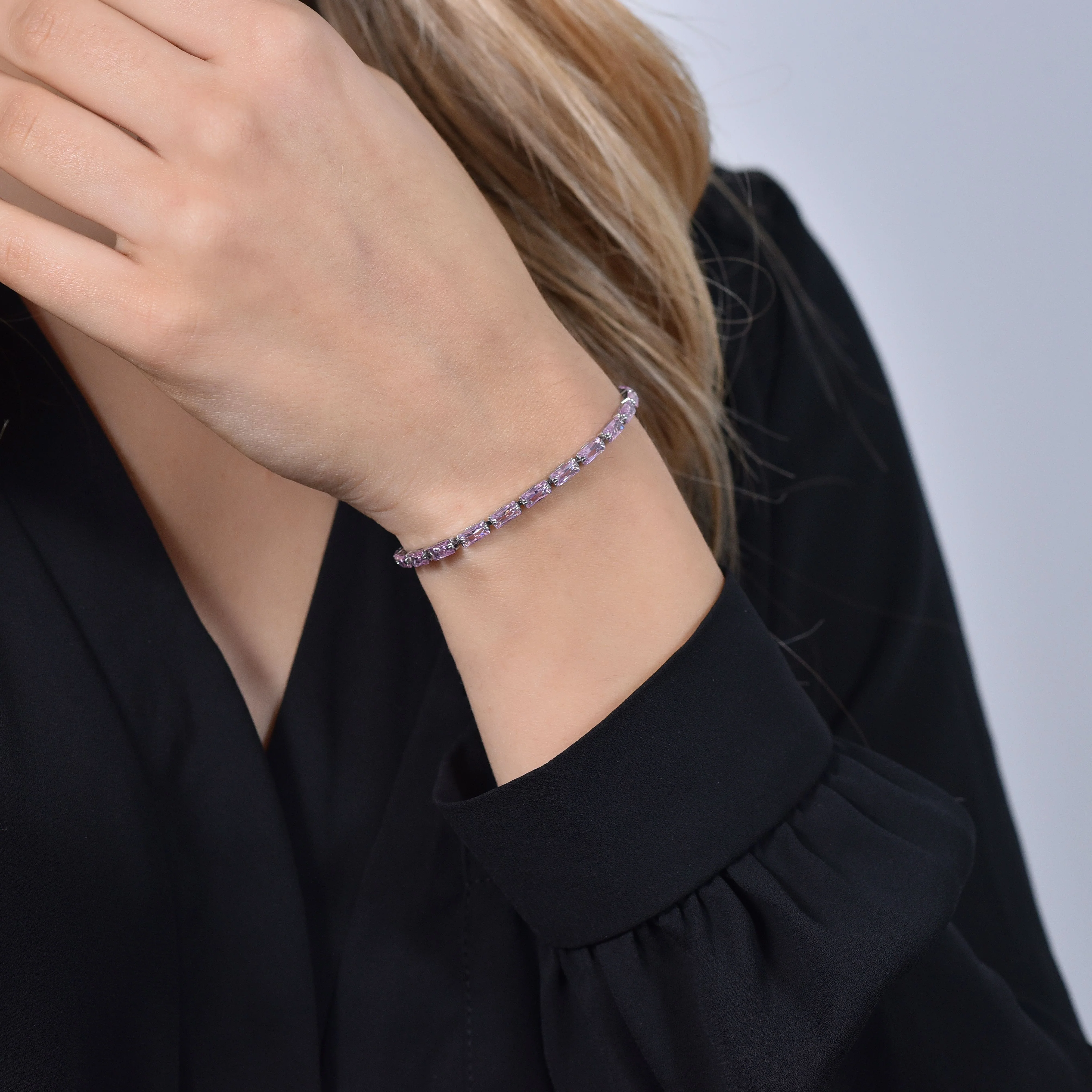 BRACCIALE TENNIS DONNA ZIRCONI BAGUETTE ROSA - Image 2