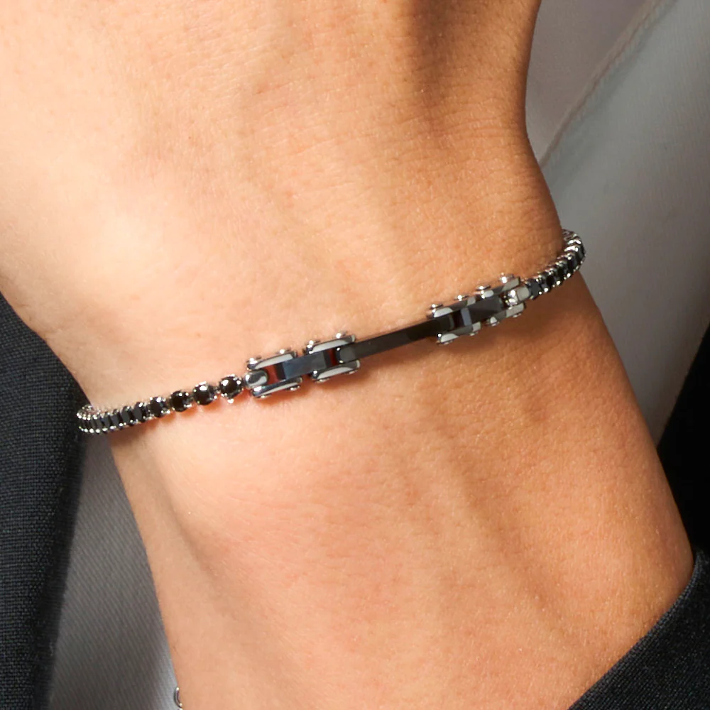 BRACCIALE TENNIS UOMO IN ACCIAIO CON CERAMICA NERA E ZIRCONI NERI - Image 2