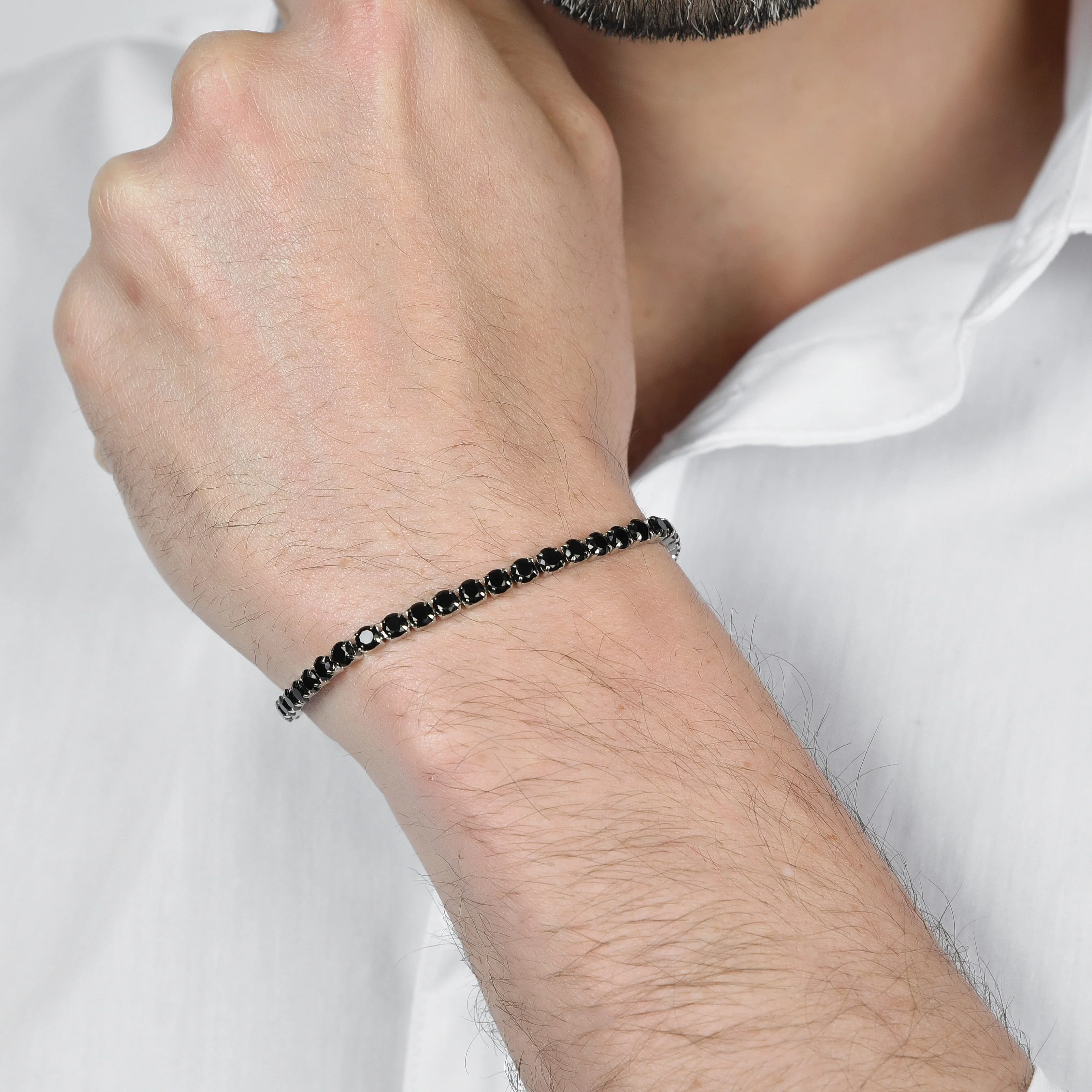 BRACCIALE  TENNIS UOMO IN ACCIAIO CON CRISTALLI NERI - Image 2