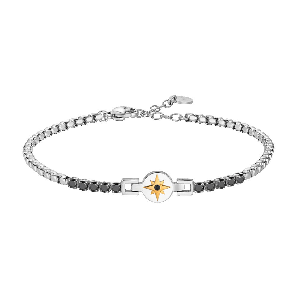 BRACCIALE TENNIS UOMO IN ACCIAIO CON ROSA DEI VENTI IP ROSE E ZIRCONI NERI