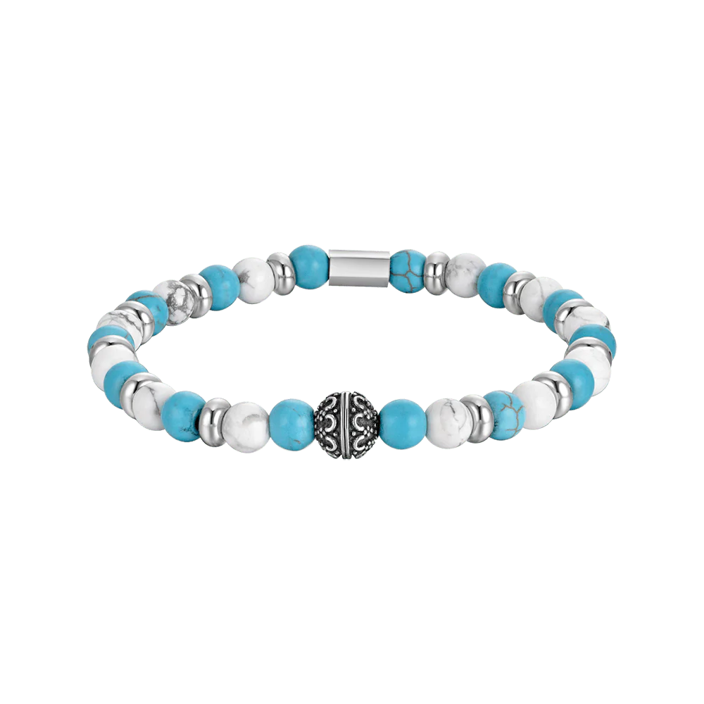 BRACCIALE UOMO ELASTICO CON PIETRE BLU E BIANCHE ED ELEMENTI IN ACCIAIO