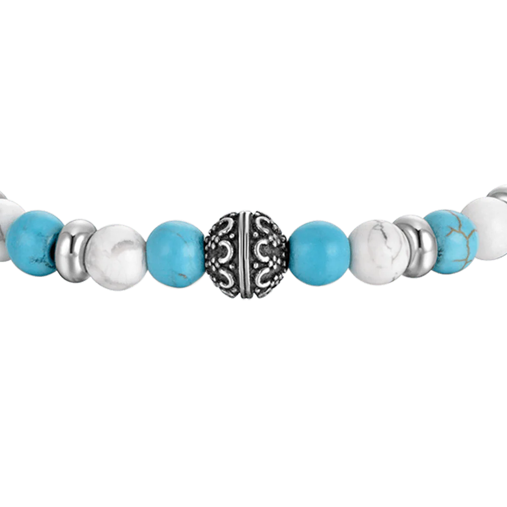 BRACCIALE UOMO ELASTICO CON PIETRE BLU E BIANCHE ED ELEMENTI IN ACCIAIO - Image 4