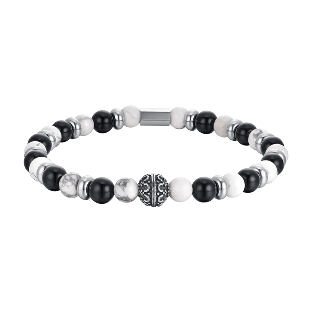BRACCIALE UOMO ELASTICO CON PIETRE NERE E BIANCHE ED ELEMENTI IN ACCIAIO