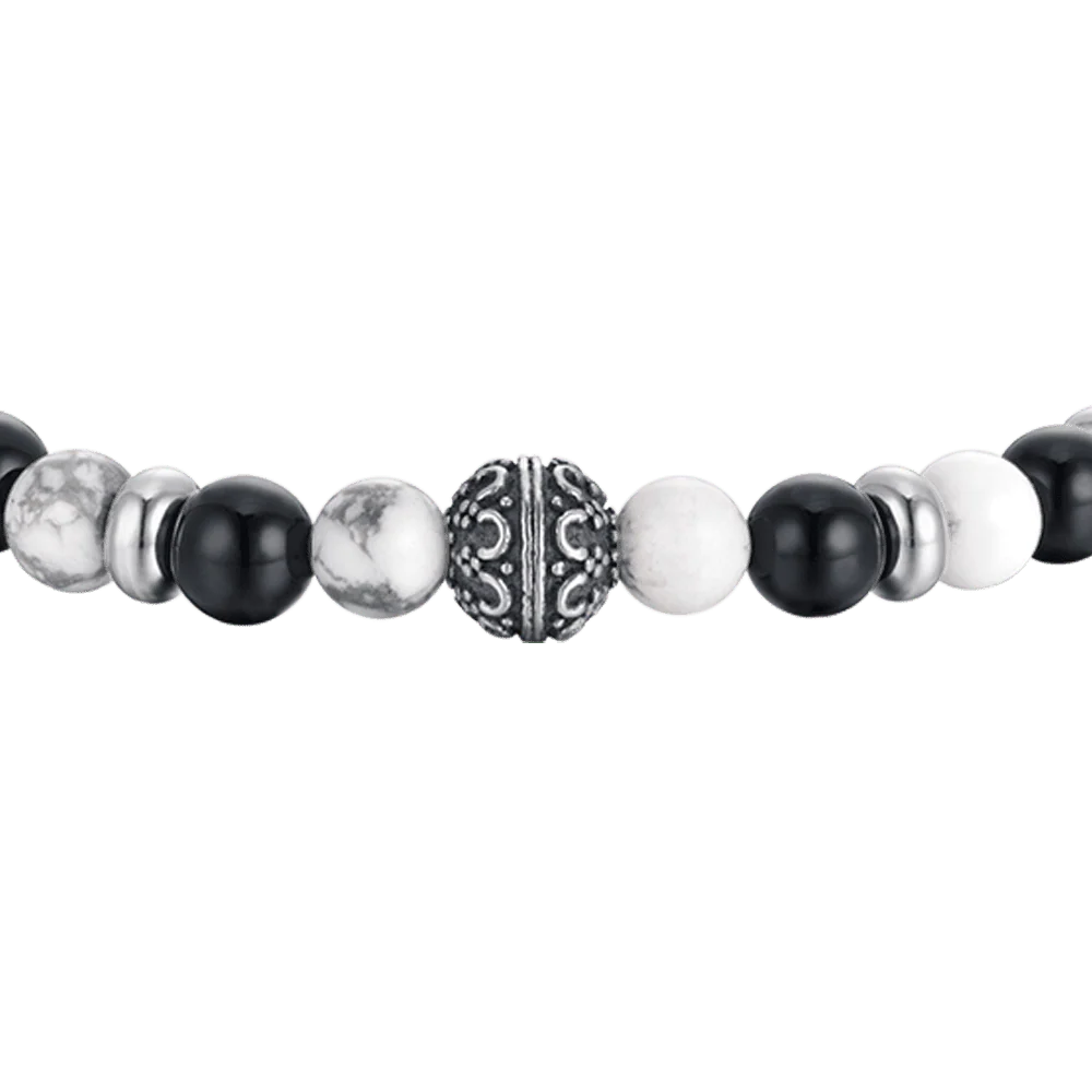 BRACCIALE UOMO ELASTICO CON PIETRE NERE E BIANCHE ED ELEMENTI IN ACCIAIO - Image 4