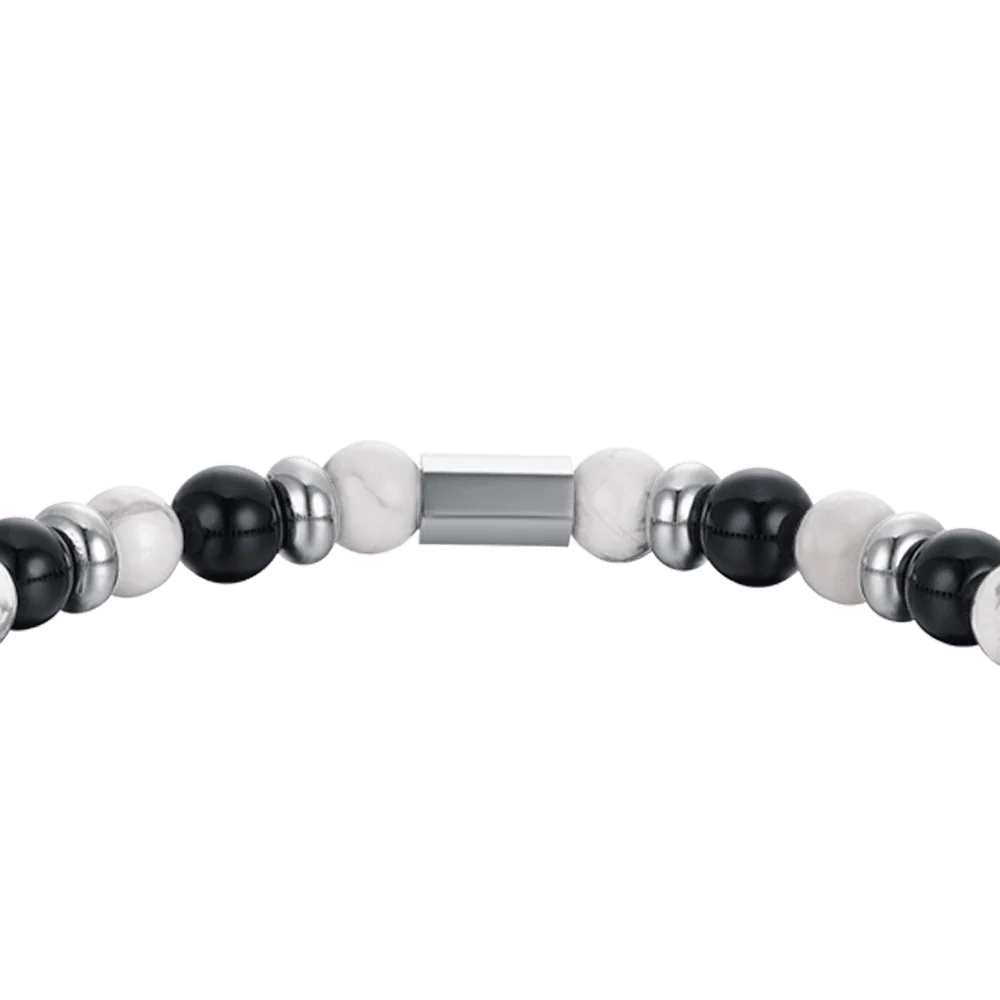 BRACCIALE UOMO ELASTICO CON PIETRE NERE E BIANCHE ED ELEMENTI IN ACCIAIO - Image 5