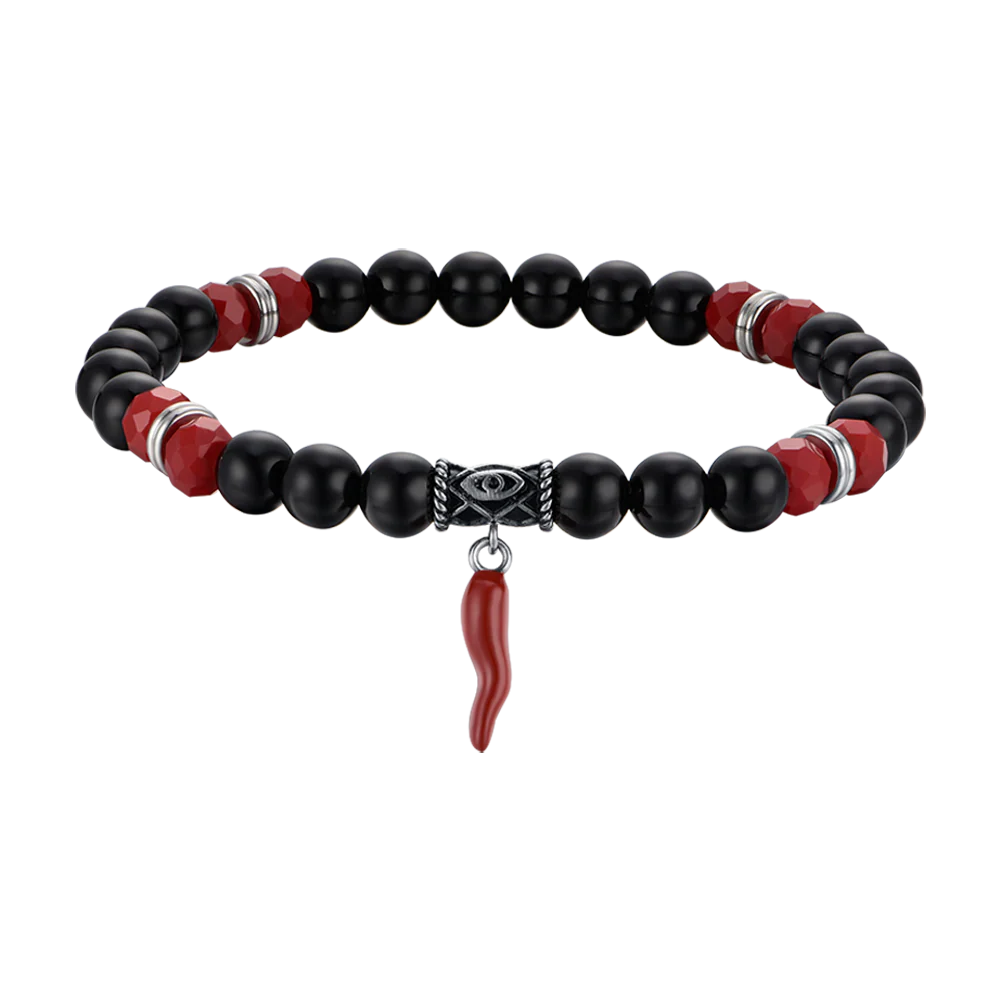 BRACCIALE UOMO ELASTICO CON PIETRE NERE E ROSSE E CORNO ROSSO