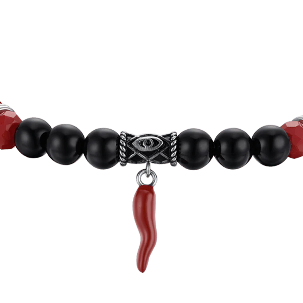 BRACCIALE UOMO ELASTICO CON PIETRE NERE E ROSSE E CORNO ROSSO - Image 4