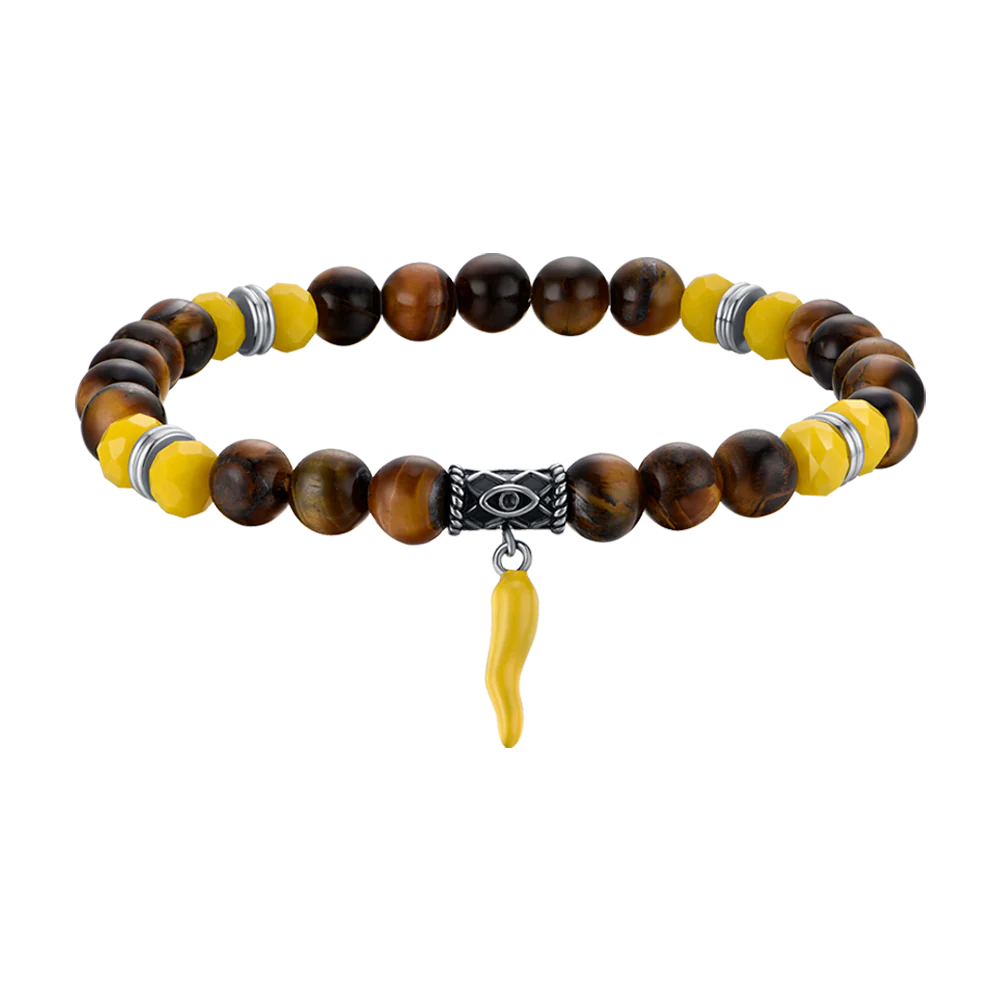 BRACCIALE UOMO ELASTICO CON PIETRE OCCHIO DI TIGRE E GIALLE E CORNO GIALLO